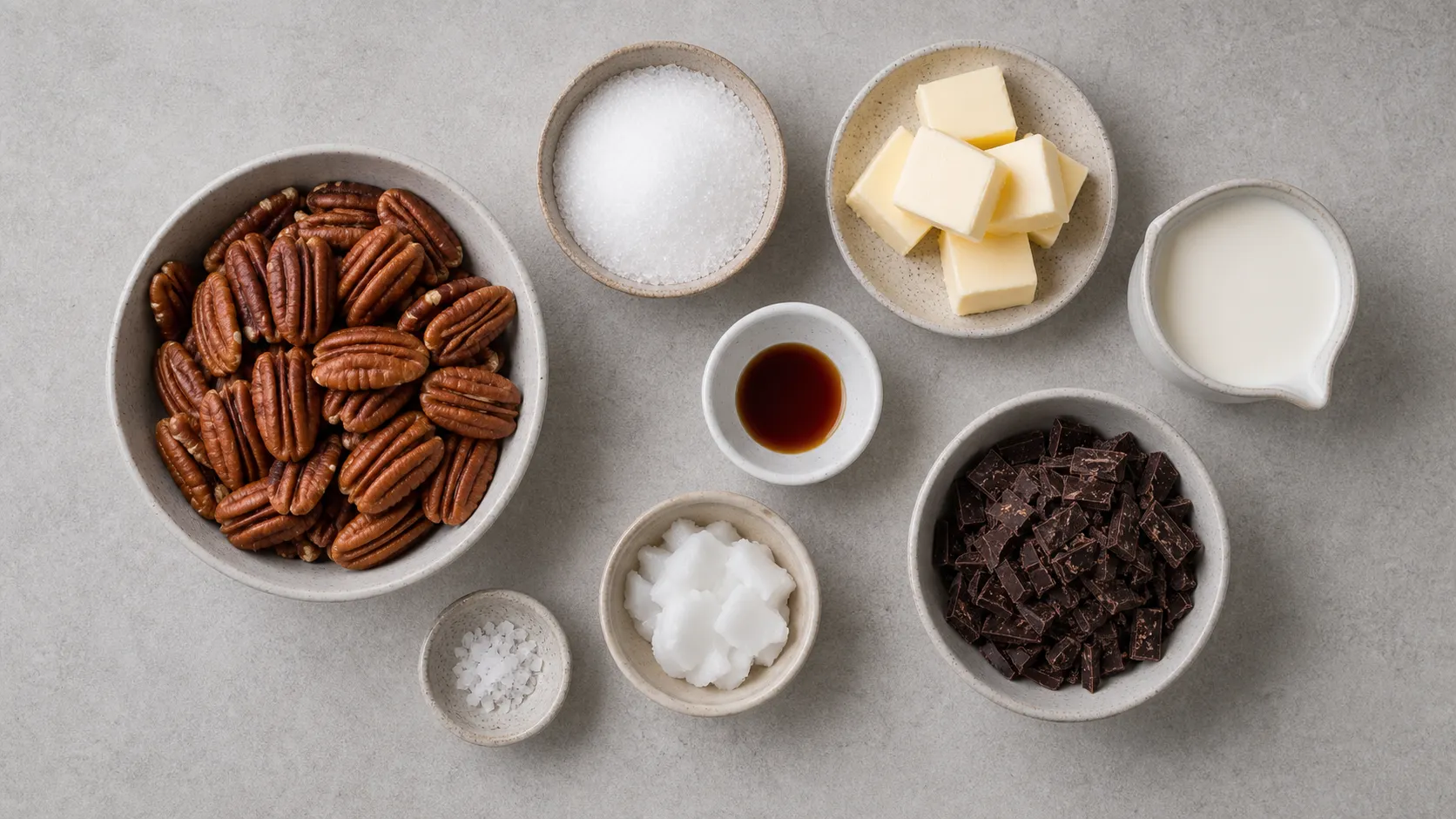 Ingredients for keto pecan pralines: pecans, allulose, cream and dark chocolate