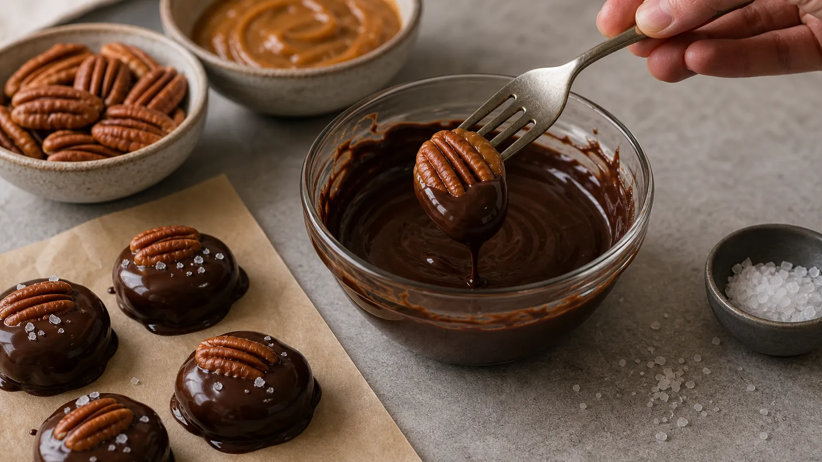 Pecans being dipped into melted dark chocolate for keto pralines