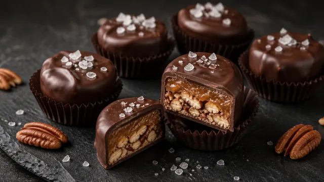 Keto pecan pralines coated in dark chocolate and topped with fleur de sel
