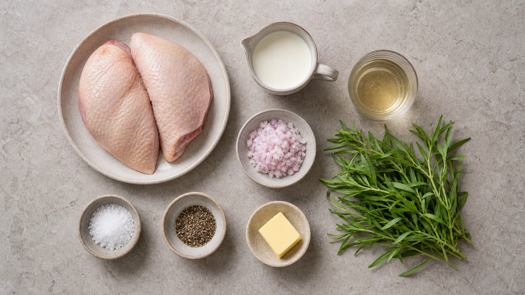 Ingredients for keto guinea fowl: guinea fowl breast, cream, tarragon, shallot, white wine, butter, salt and pepper
