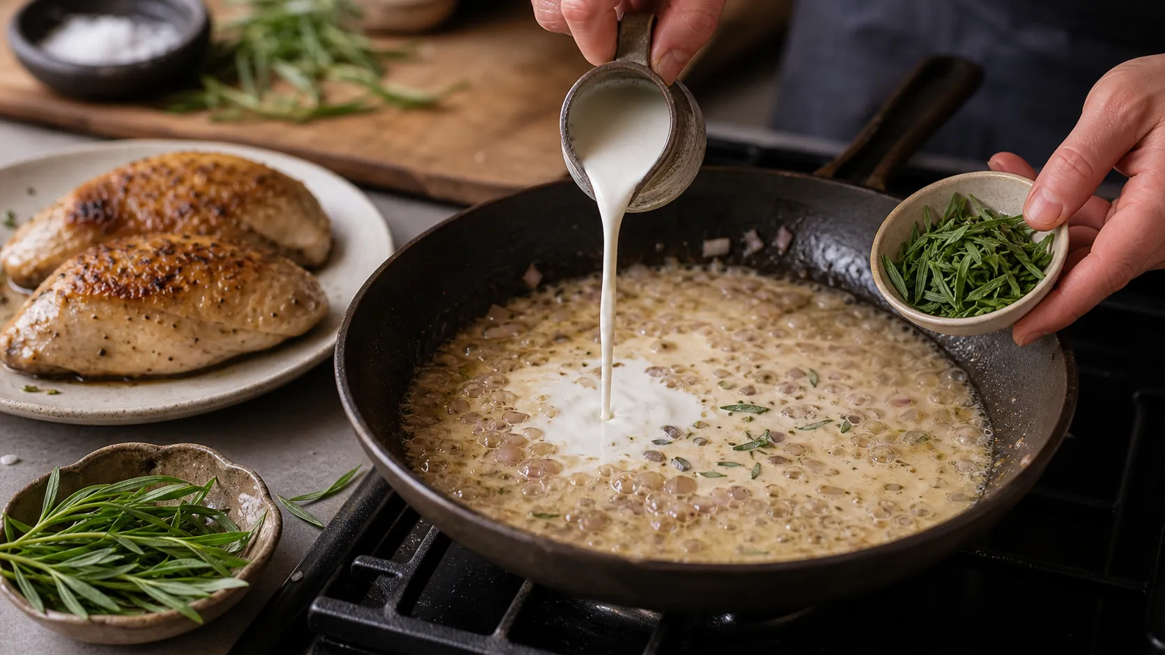 Tarragon cream sauce forms in the pan from shallots, white wine and cream next to seared guinea fowl breast