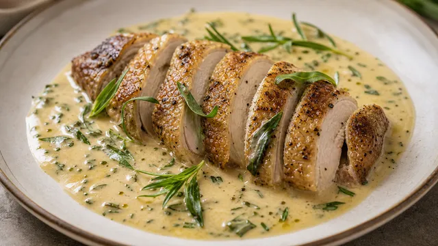Keto guinea fowl breast with pale tarragon cream sauce and fresh tarragon on a plate