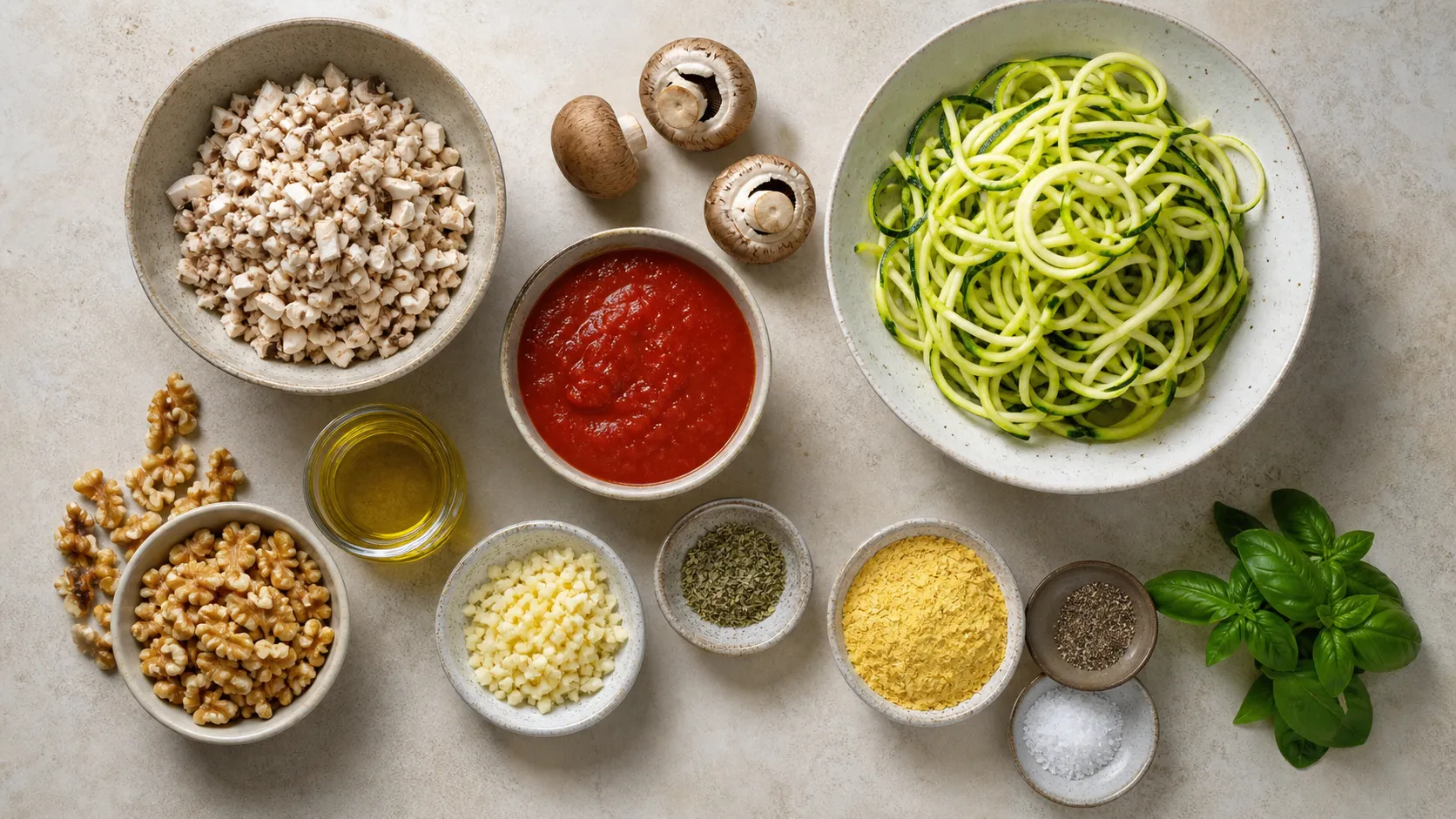 Ingredients for keto mushroom and walnut bolognese: white mushrooms, walnuts, tomato passata, olive oil, garlic, onion, oregano and zucchini