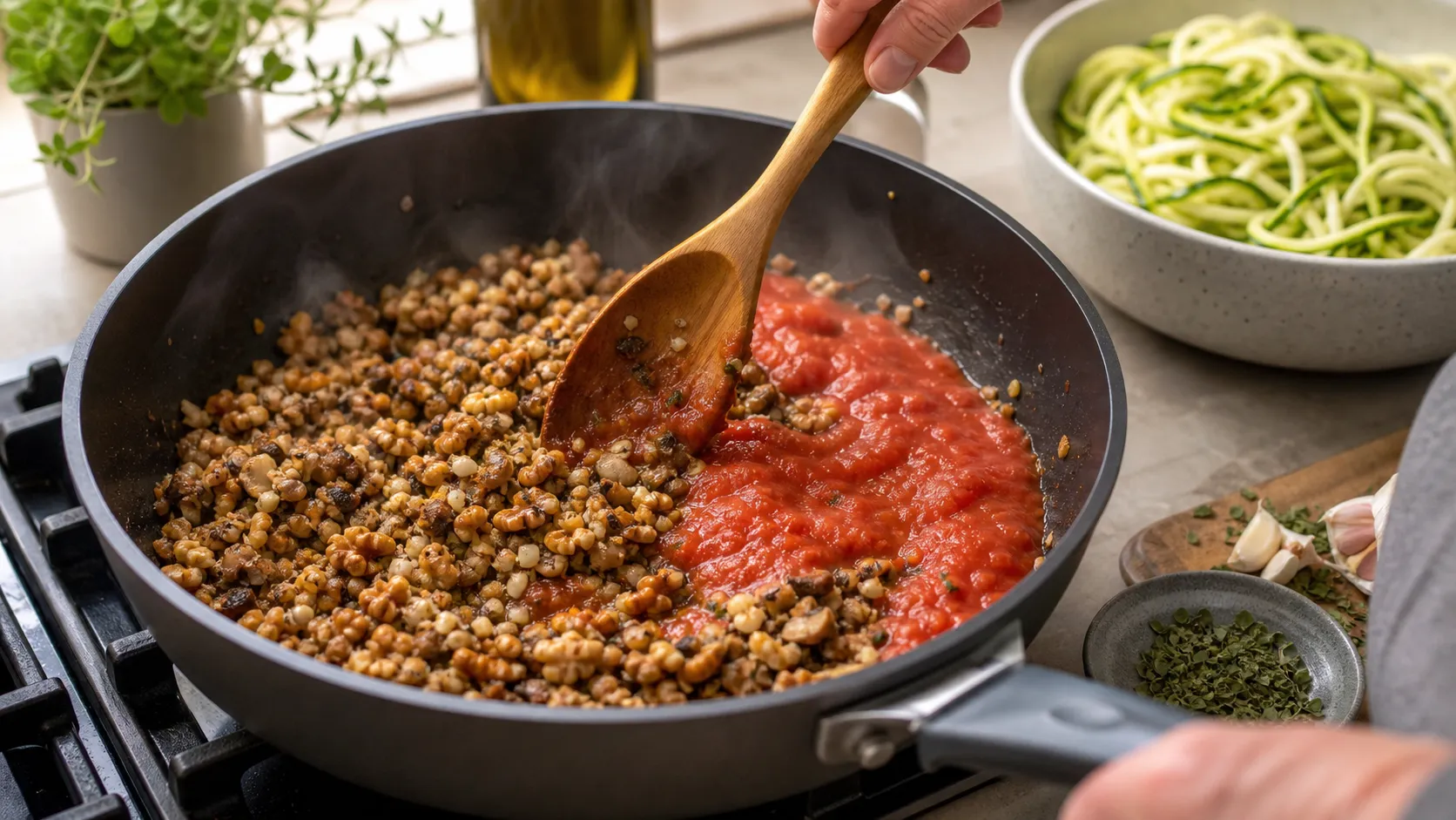 Finely chopped white mushrooms and walnuts simmering in a pan with tomato sauce to form a bolognese