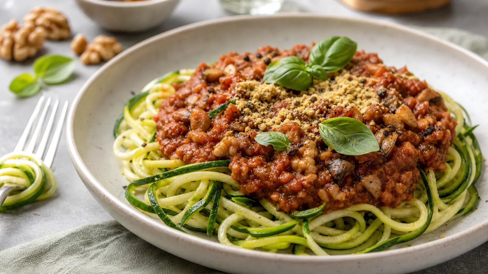 Keto mushroom and walnut bolognese over spiralized zucchini noodles, garnished with fresh basil and nutritional yeast