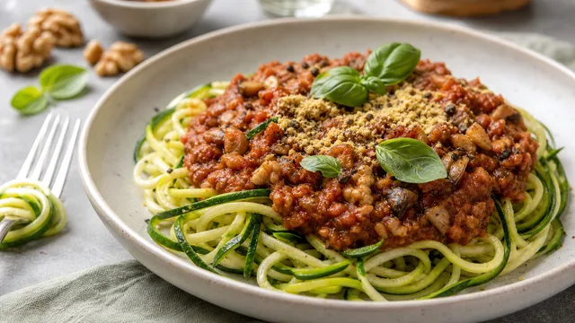 Keto mushroom and walnut bolognese over spiralized zucchini noodles, garnished with fresh basil and nutritional yeast
