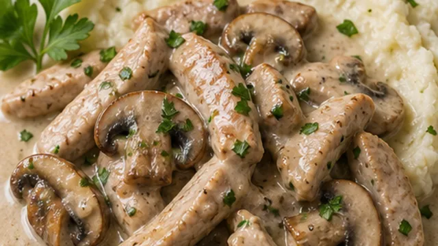 Keto Pork Strips Zurich Style: 38 g Protein in 25 Minutes fertig angerichtet als ketogenes Rezept