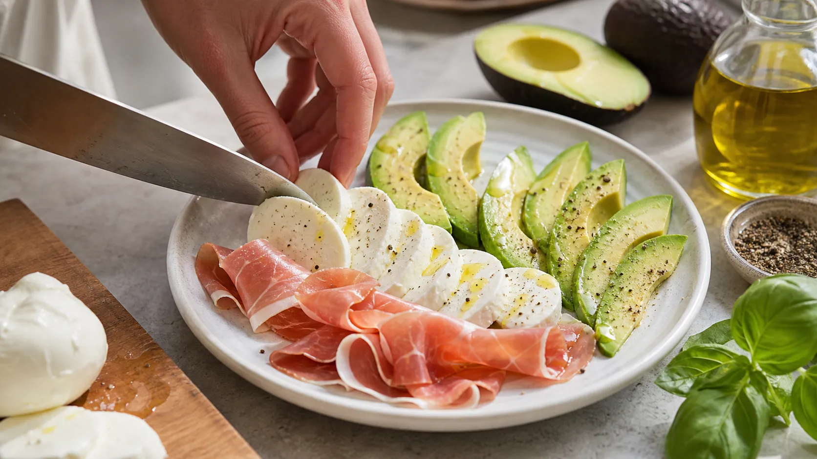 Plated keto breakfast plate with basil and olive oil
