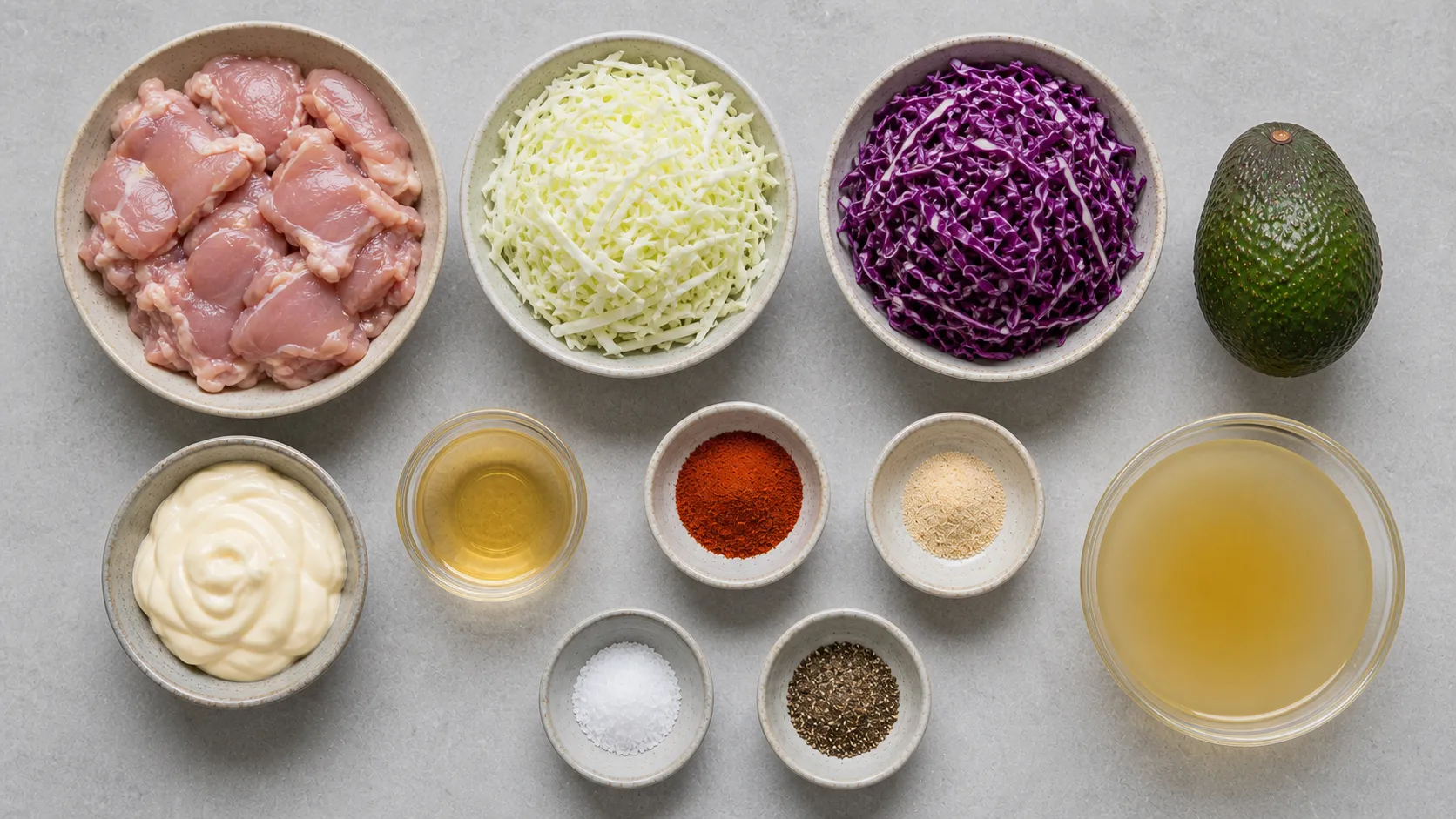 Ingredients for Keto Pulled Chicken Bowl with Coleslaw: 57 g Protein in 40 Minutes: 300 g chicken thighs (boneless, skinless), 200 g white cabbage (finely sliced), 100 g red cabbage (finely sliced), 1 avocado (approx. 150 g flesh), 60 g mayonnaise (full-fat), 15 ml apple cider vinegar