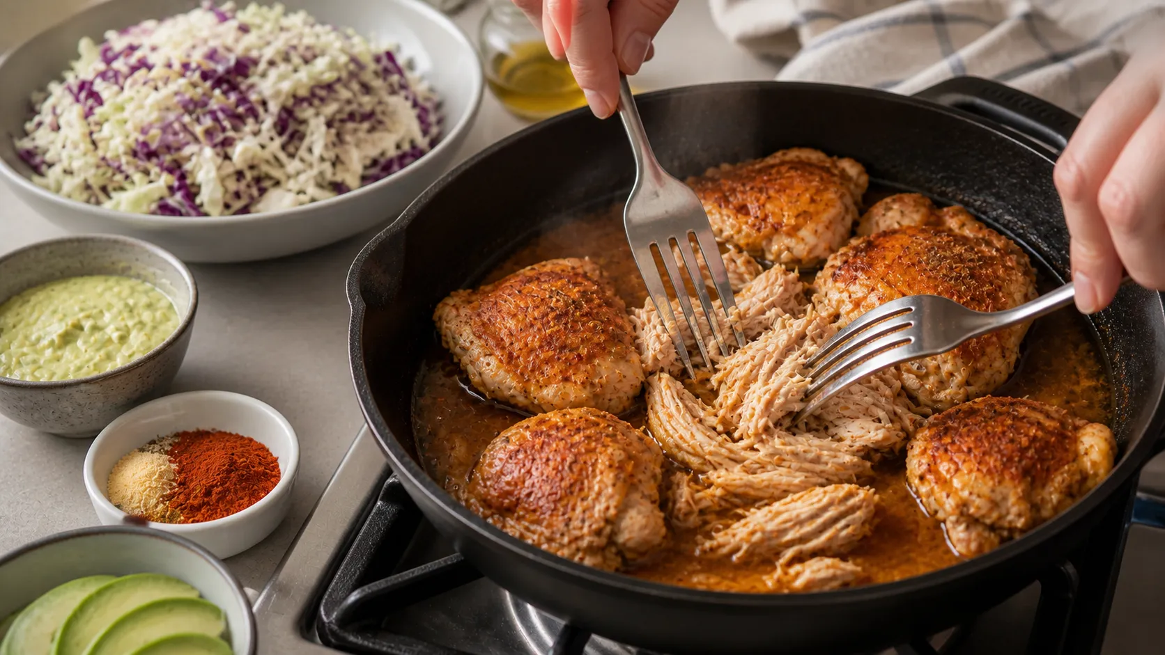 Preparation step for Keto Pulled Chicken Bowl with Coleslaw: 57 g Protein in 40 Minutes: Place the chicken thighs in a pan with chicken broth (100 ml) over medium heat. Cover with a lid and braise for 25 minutes.