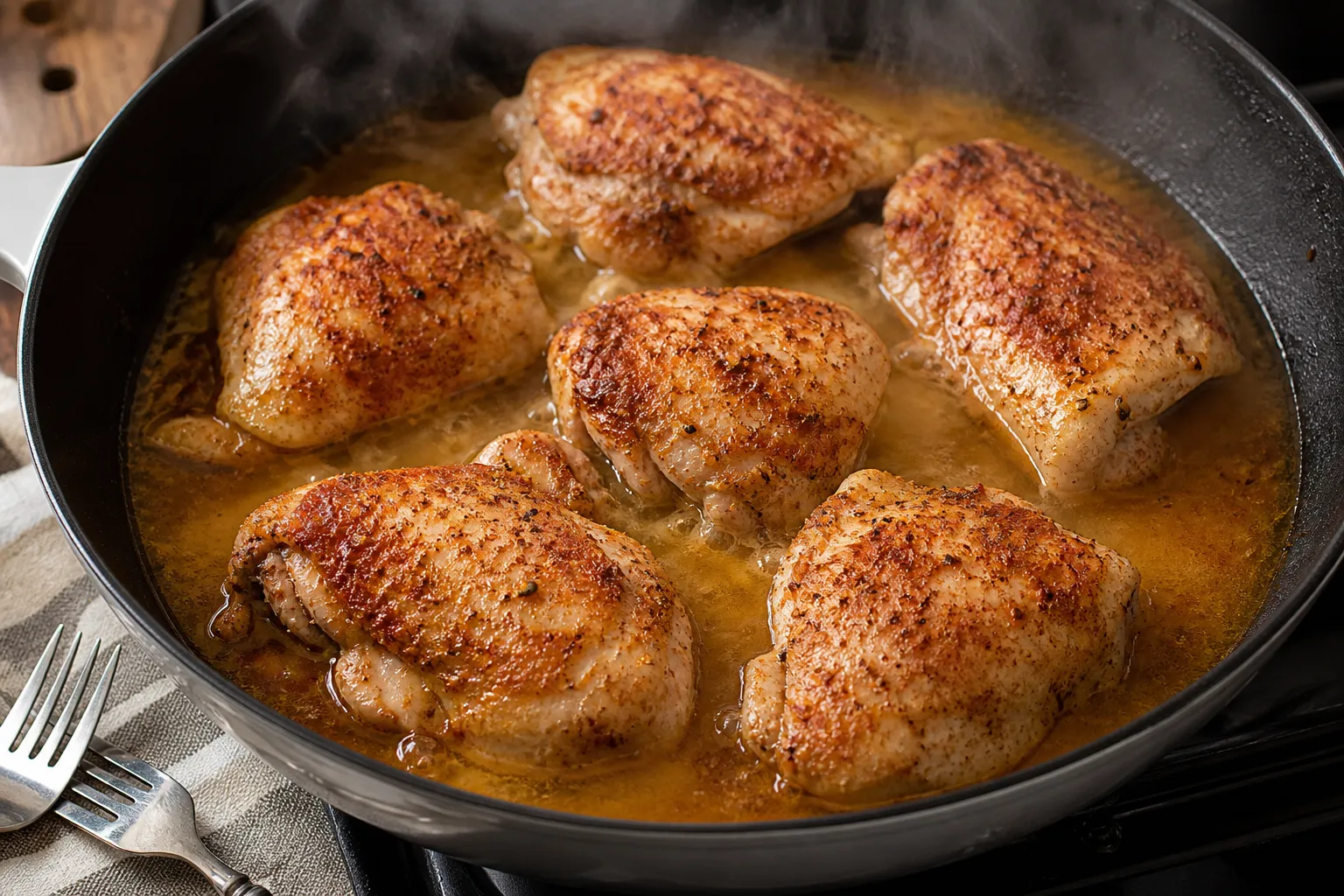Chicken thighs cooking in a pan with spices for keto pulled chicken