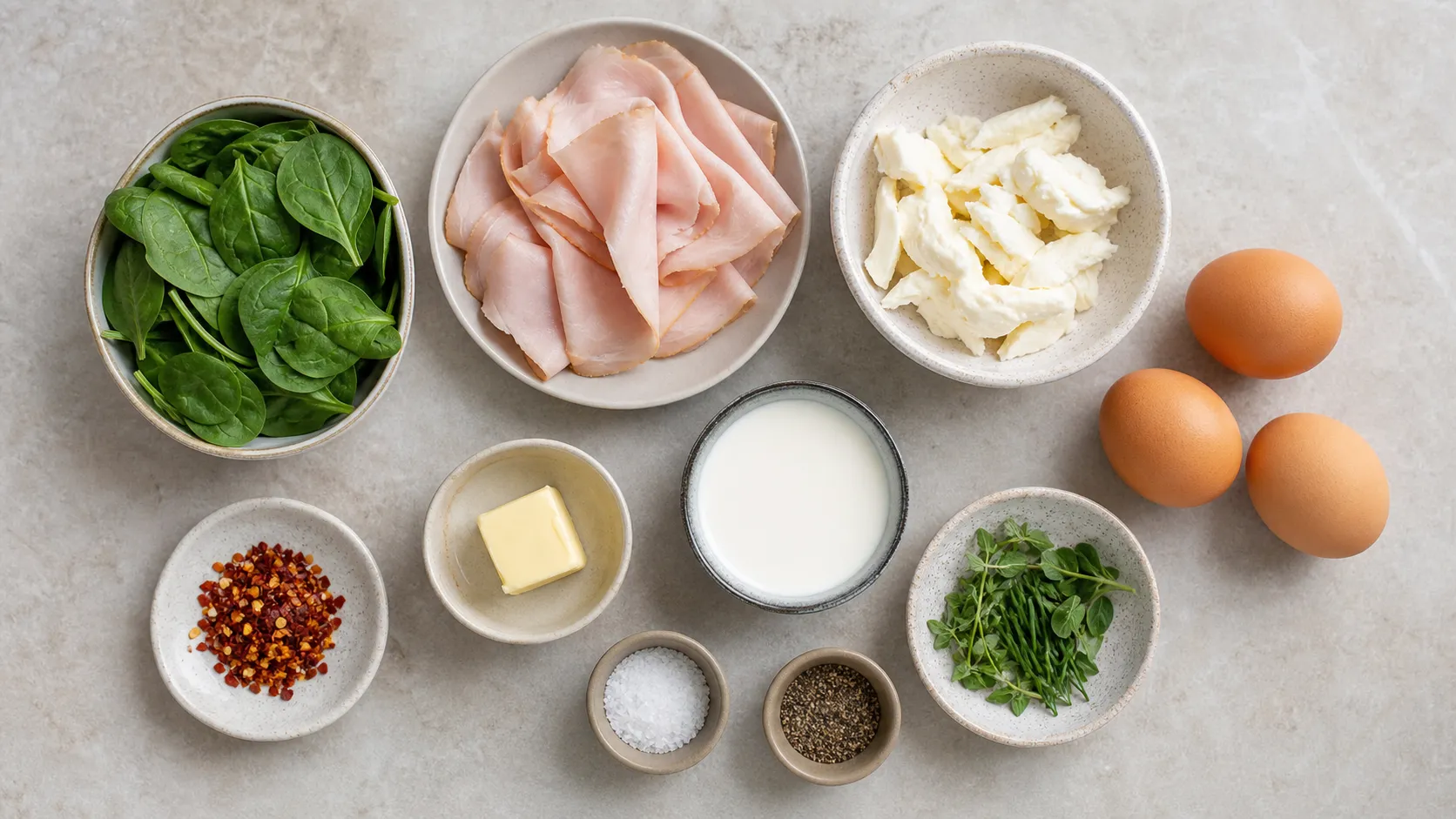 Ingredients for Keto Turkey Mozzarella Omelet: 52 g Protein in 15 Minutes: 3 eggs (medium), 110 g turkey breast (cut into thin strips), 50 g mozzarella (shredded or sliced), 40 g baby spinach, 30 ml cream, 15 g butter
