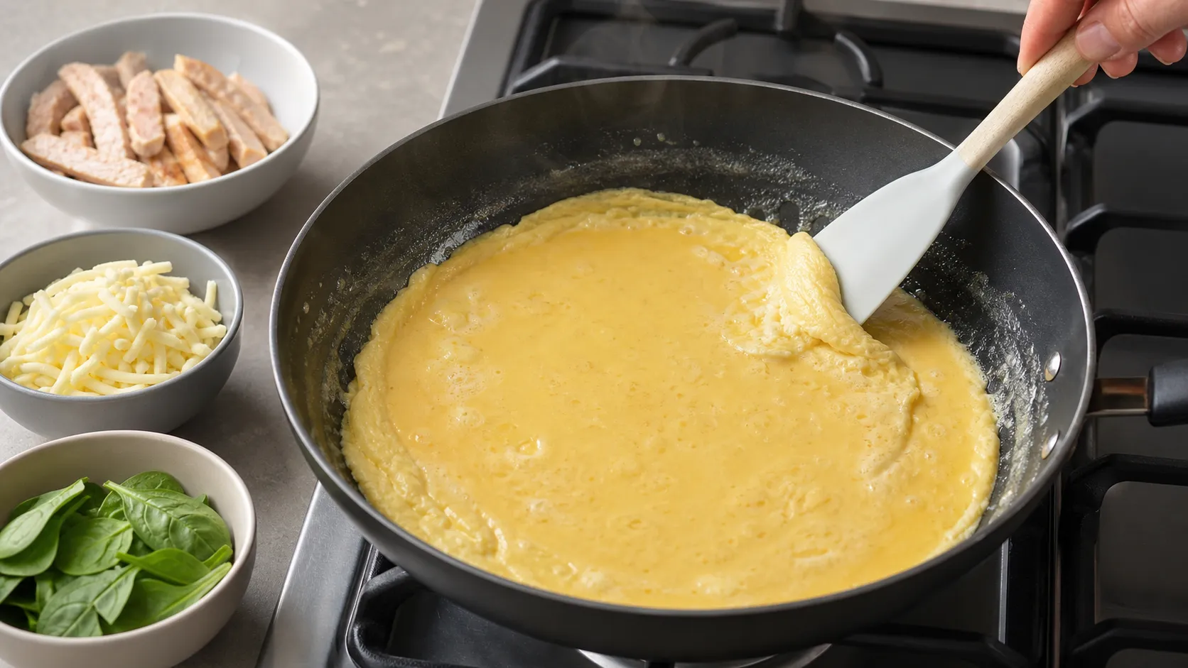 Preparation step for Keto Turkey Mozzarella Omelet: 52 g Protein in 15 Minutes: Whisk 3 eggs with cream (30 ml), a pinch of salt and pepper until frothy.
