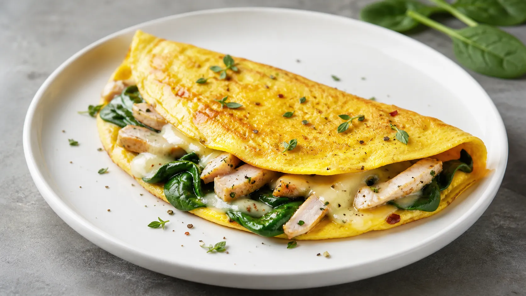 Keto turkey mozzarella omelet with melted cheese and spinach on a white plate