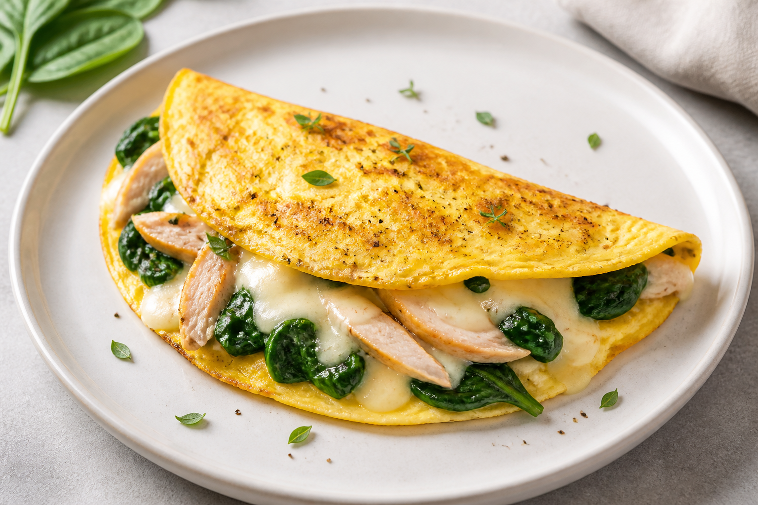 Keto turkey mozzarella omelet with melted cheese and spinach on a white plate