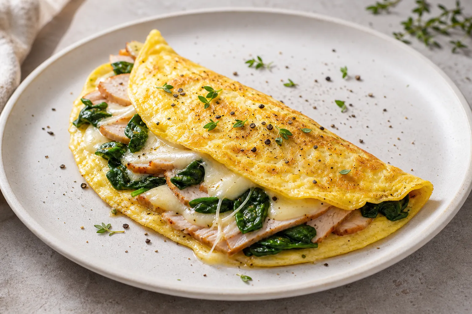Folded keto turkey mozzarella omelet plated and ready to serve