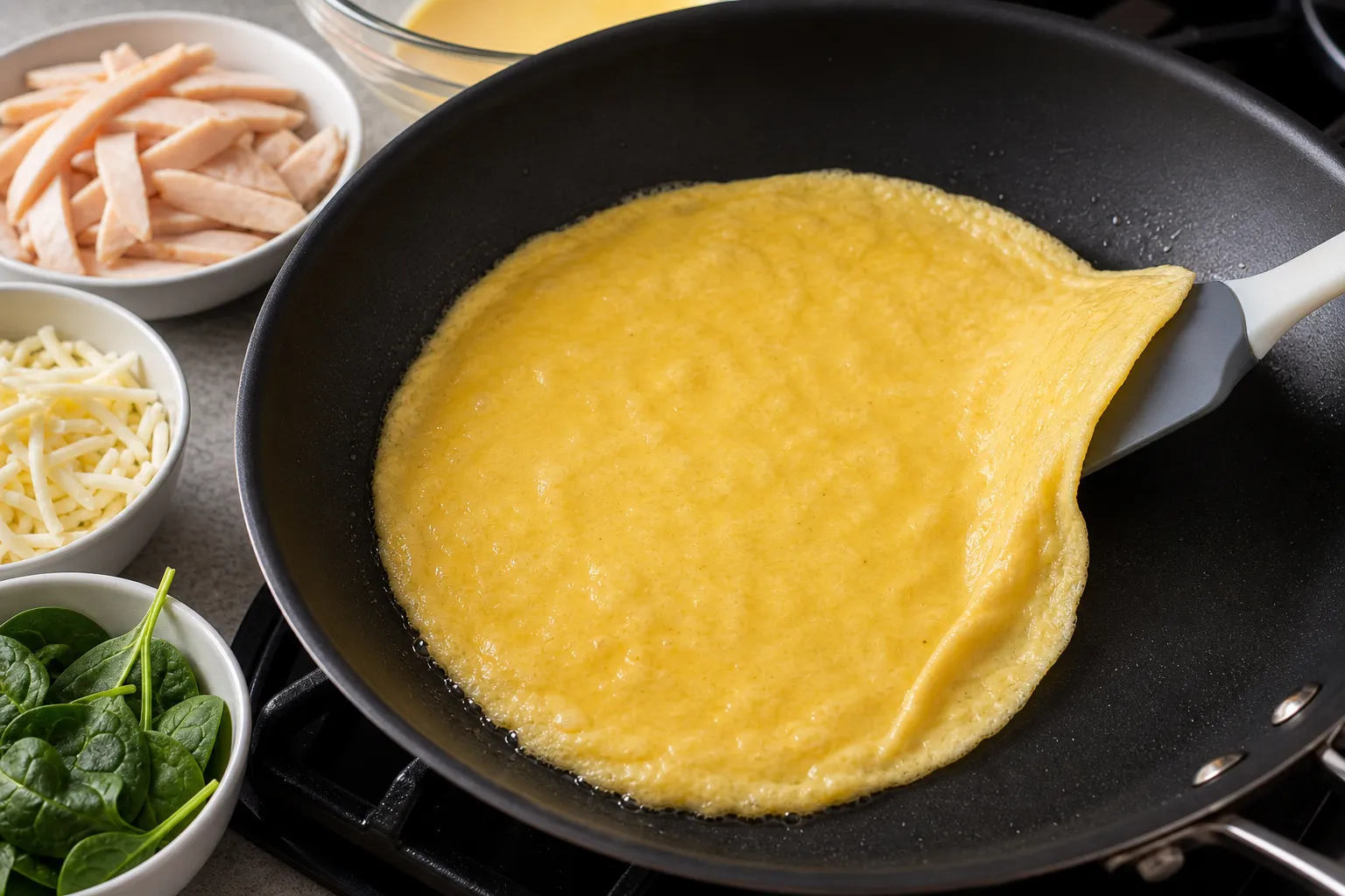 Pouring the egg and cream mixture into a hot pan for the keto turkey omelet