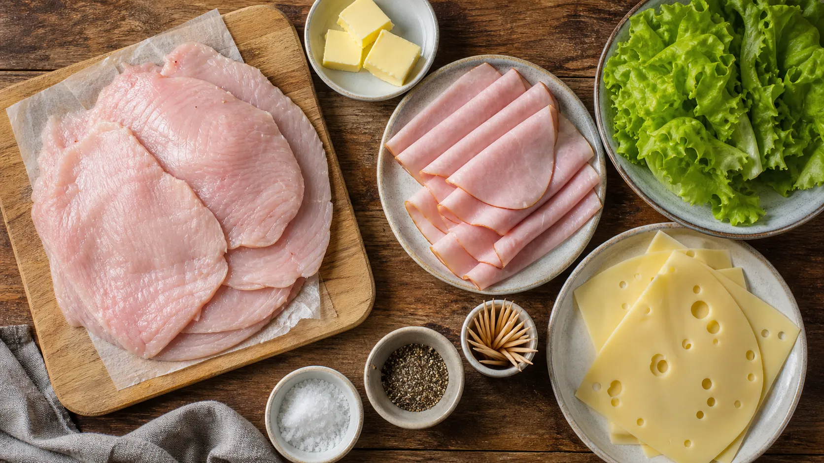 Ingredients for keto turkey cordon bleu: turkey cutlet, ham, Emmental, butter, salad and toothpicks