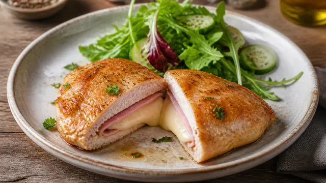 Keto turkey cordon bleu without breading, sliced open to show melted Emmental and ham, served with a green salad