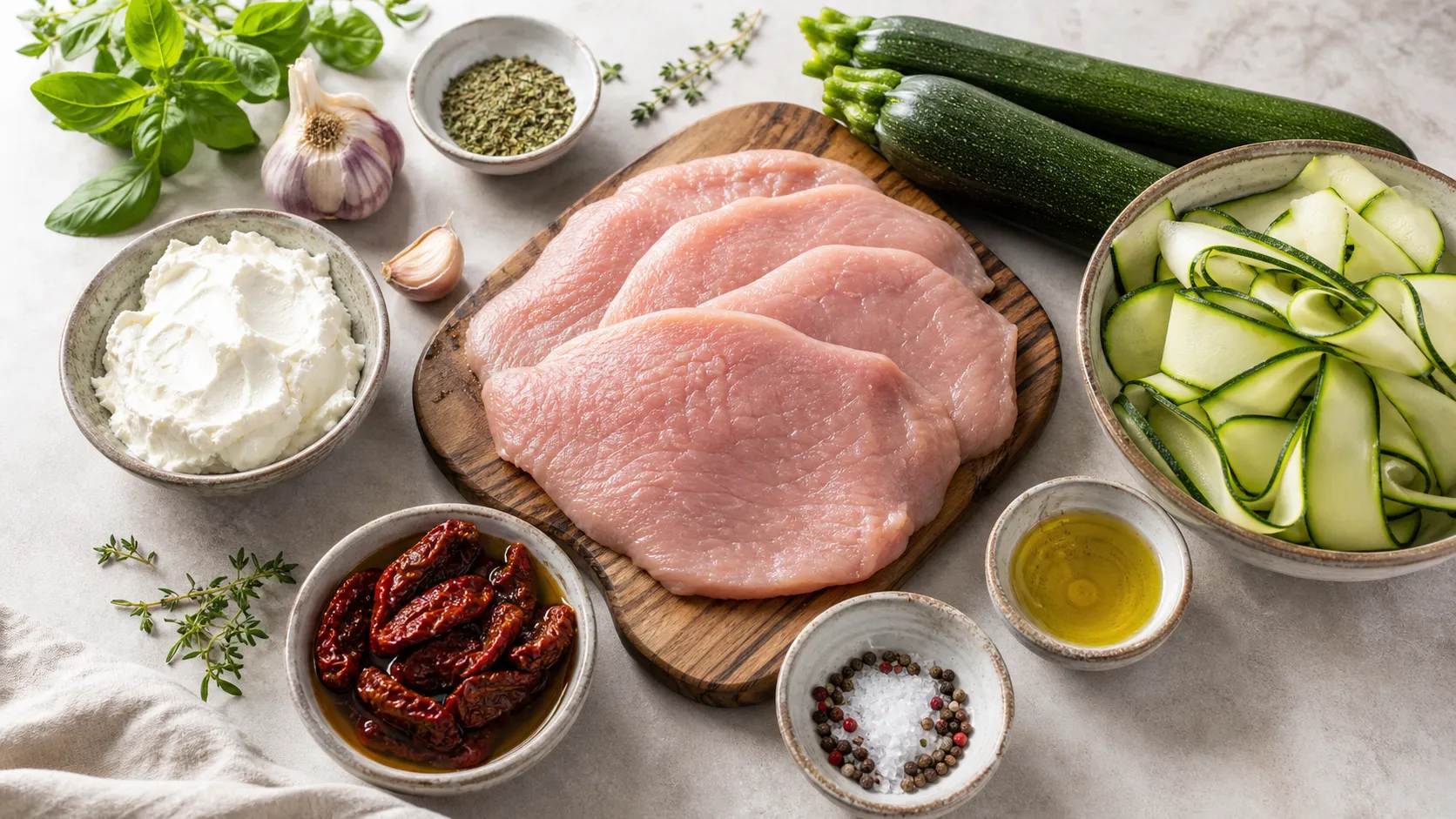 Ingredients for the keto turkey zucchini rolls: thin turkey cutlets, cream cheese, sun-dried tomatoes, zucchini, olive oil and spices