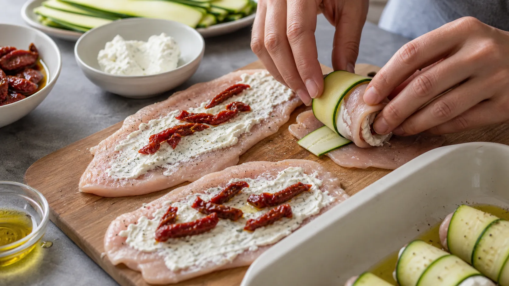 Turkey cutlets being spread with cream cheese and wrapped in zucchini slices for the keto rolls