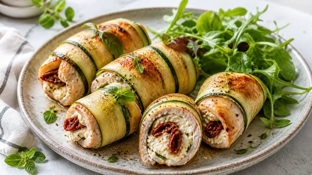 Keto turkey zucchini rolls with cream cheese filling and sun-dried tomatoes on a plate with a side salad