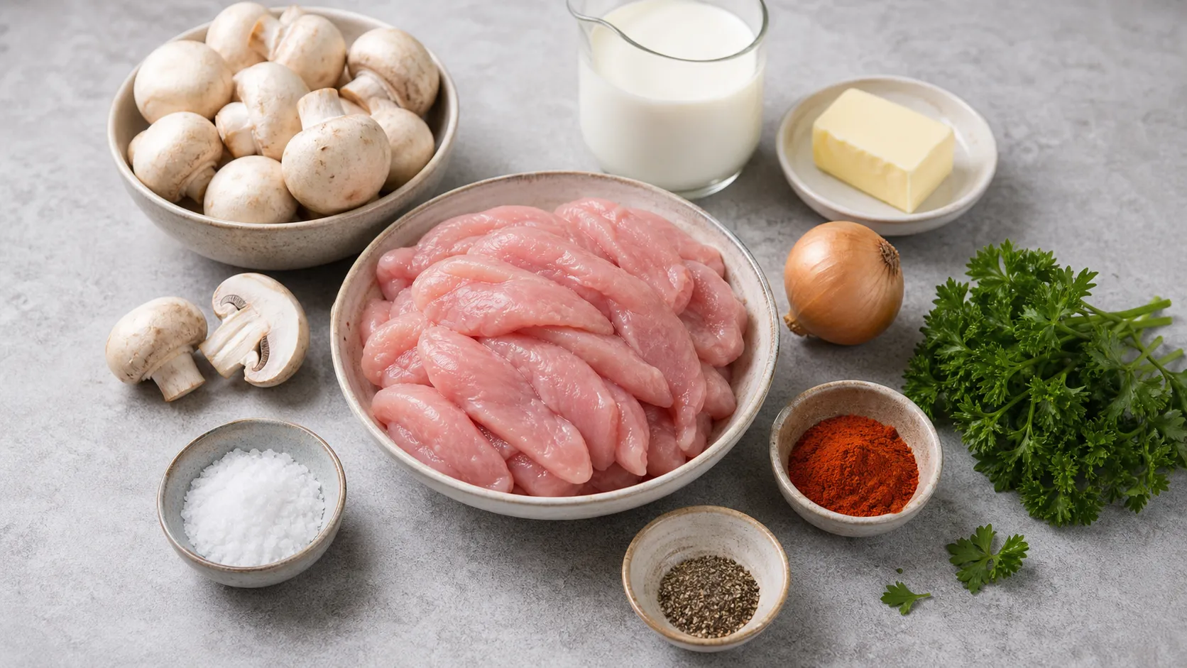 Ingredients for keto turkey strips: turkey breast strips, white mushrooms, heavy cream, butter, onion and parsley
