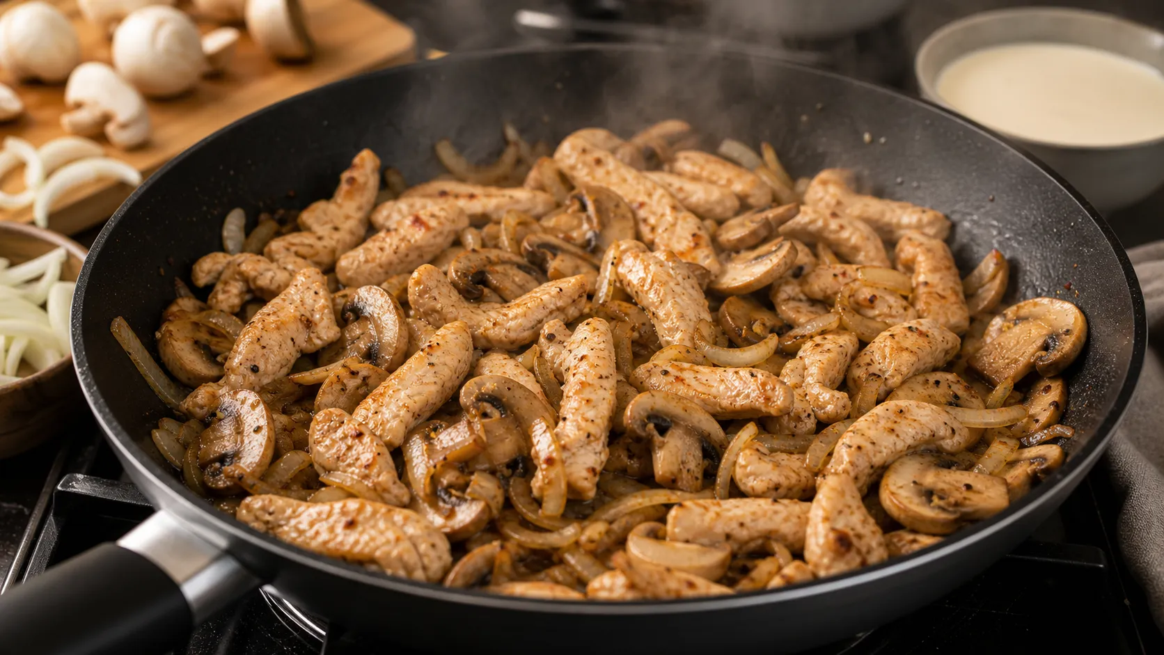 Turkey strips being seared in the pan for keto turkey strips