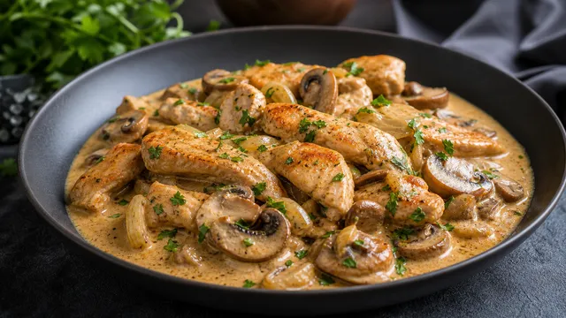 Keto turkey strips in creamy mushroom cream sauce on a deep plate, garnished with fresh parsley