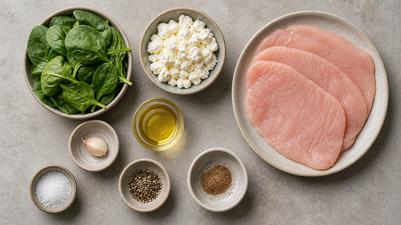 Ingredients for keto turkey rolls: turkey cutlet, fresh spinach, feta, olive oil, garlic, nutmeg, salt and pepper