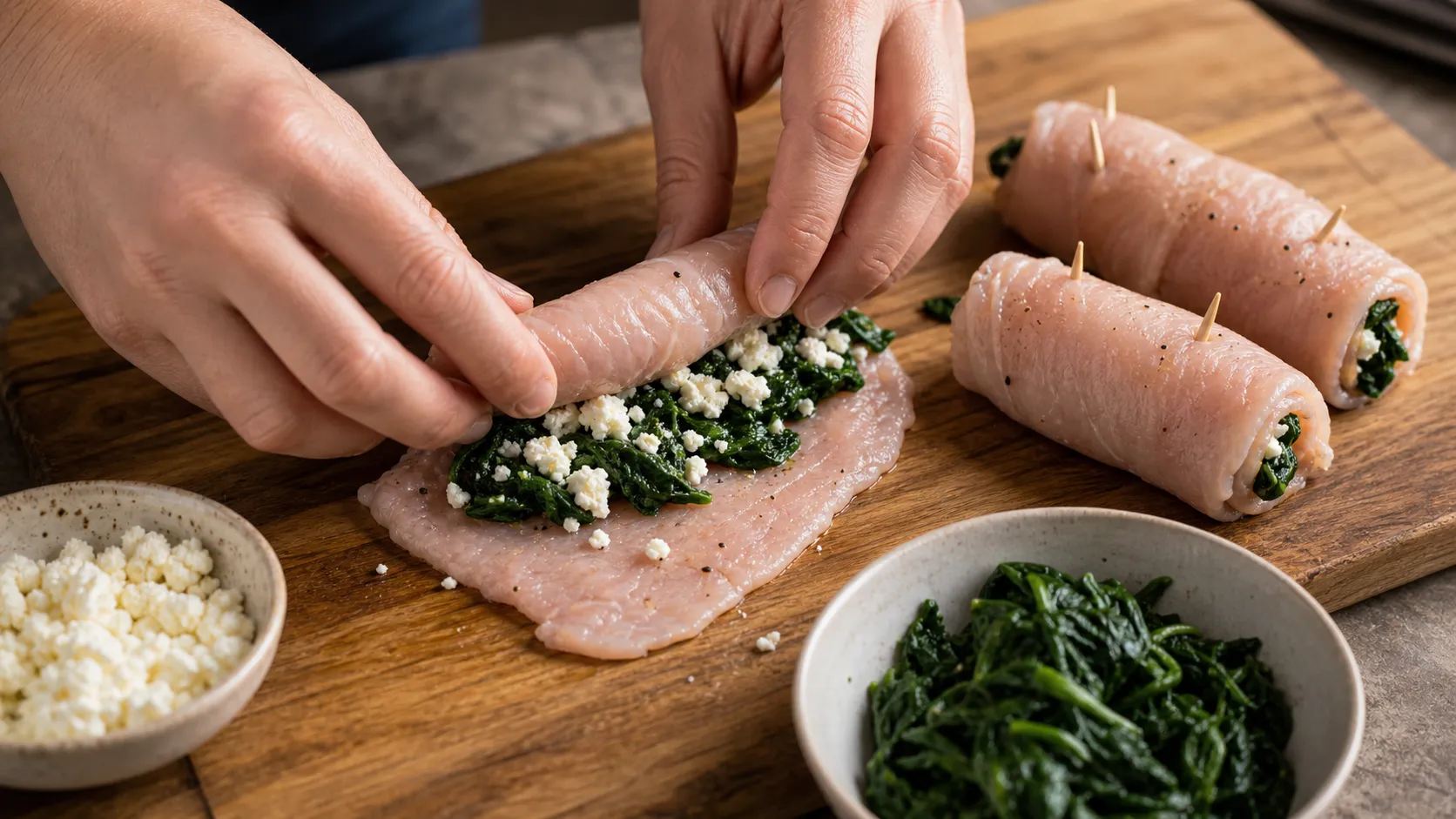 Turkey cutlet filled with spinach and feta, rolled up and secured with wooden skewers