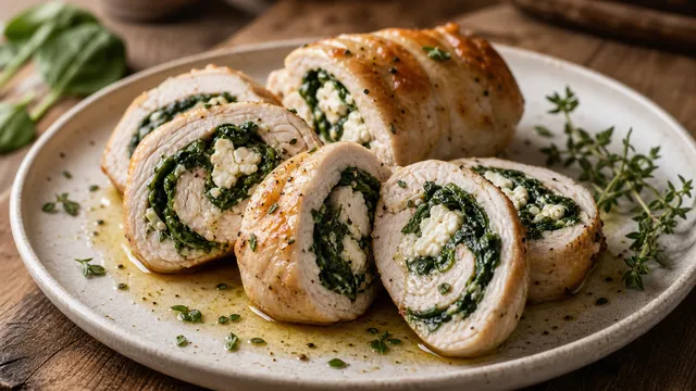 Keto turkey rolls with spinach and feta filling, sliced into rounds