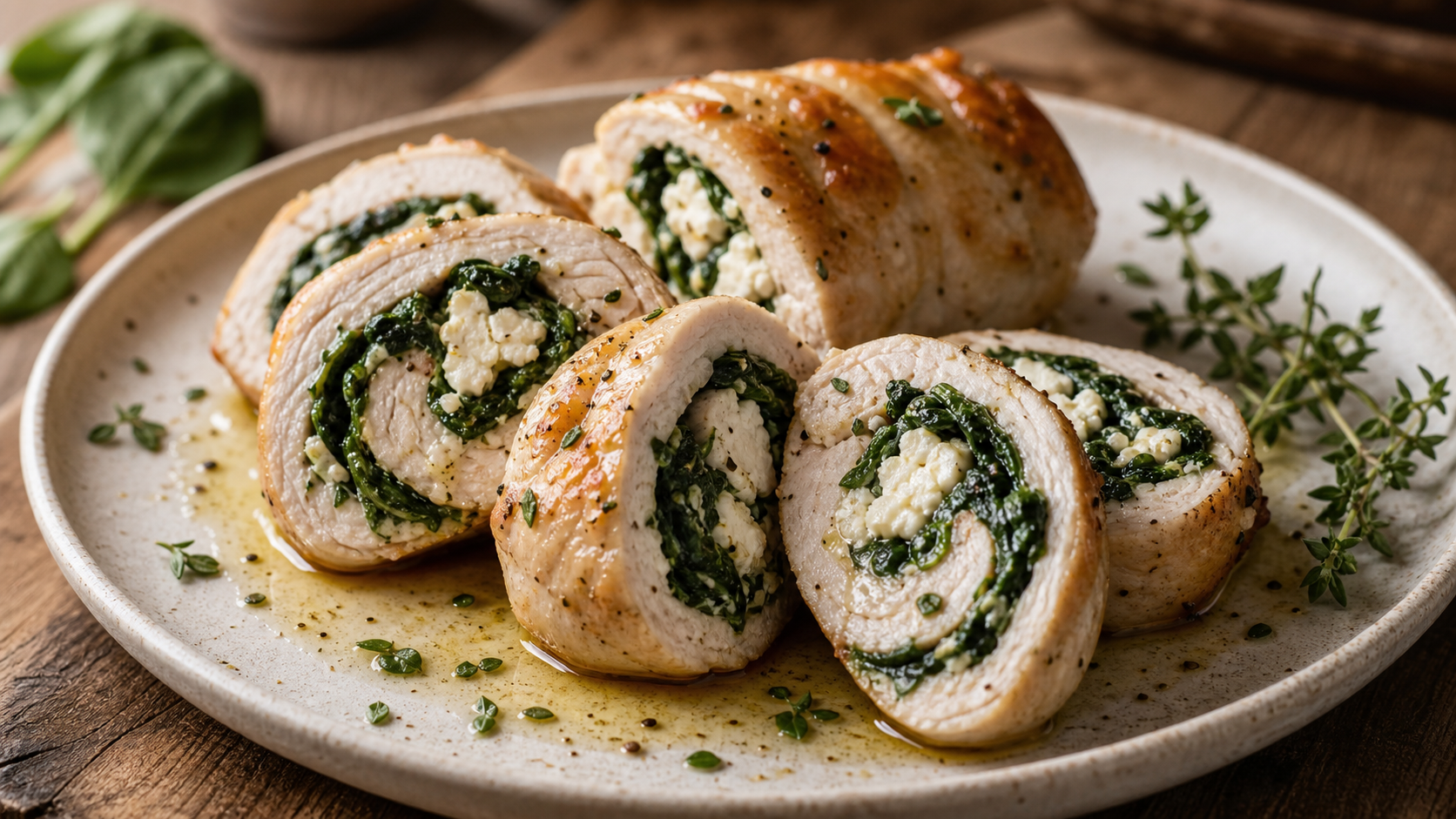 Keto turkey rolls with spinach and feta filling, sliced into rounds
