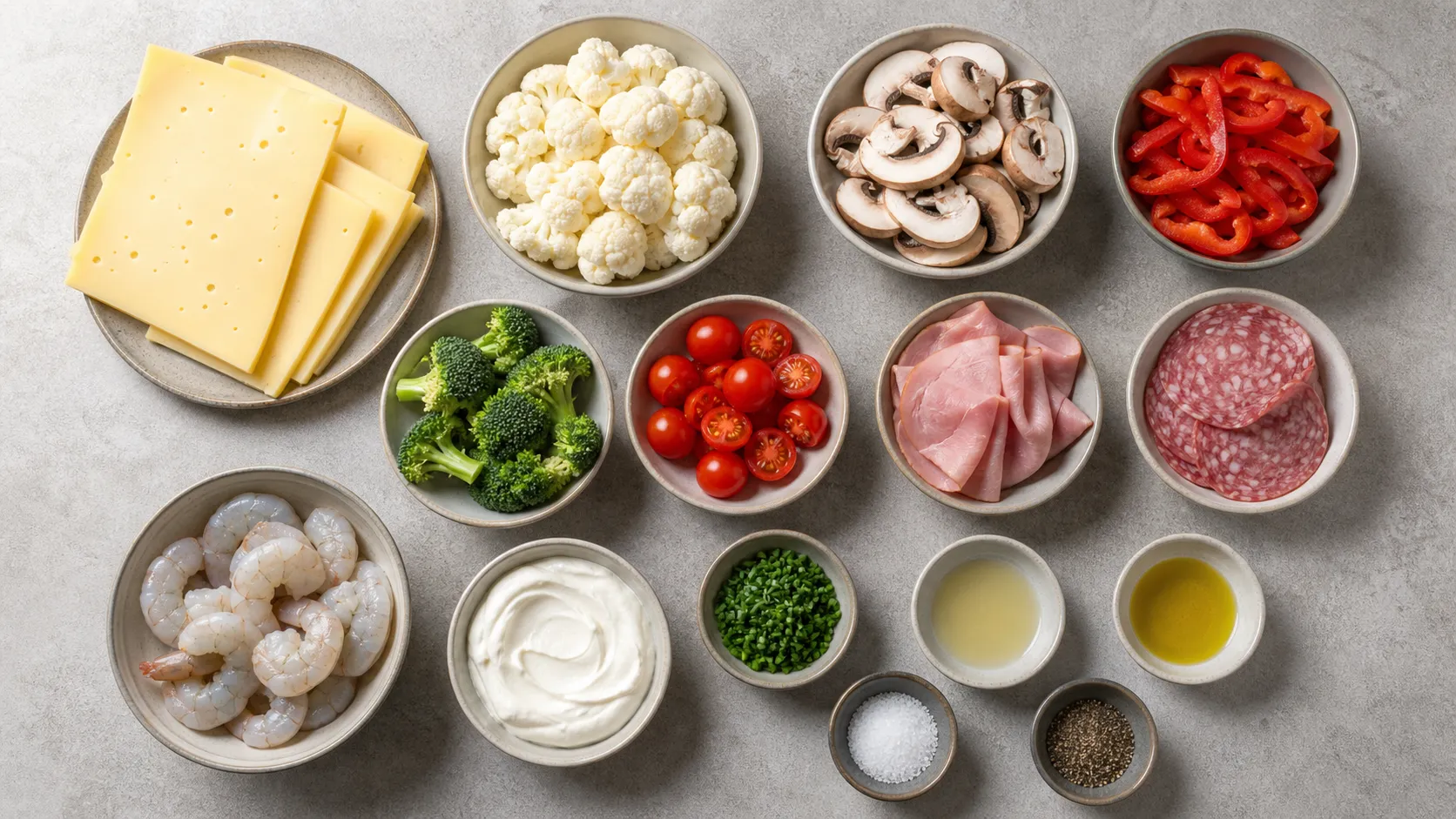 Ingredients for keto raclette: raclette cheese slices, precooked cauliflower, mushrooms, bell pepper, broccoli, cherry tomatoes, ham, salami and shrimp