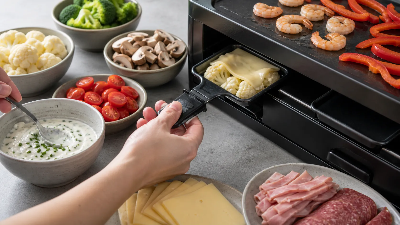 A raclette pan with cauliflower and cheese being slid under the grill, with the herb dip being mixed alongside