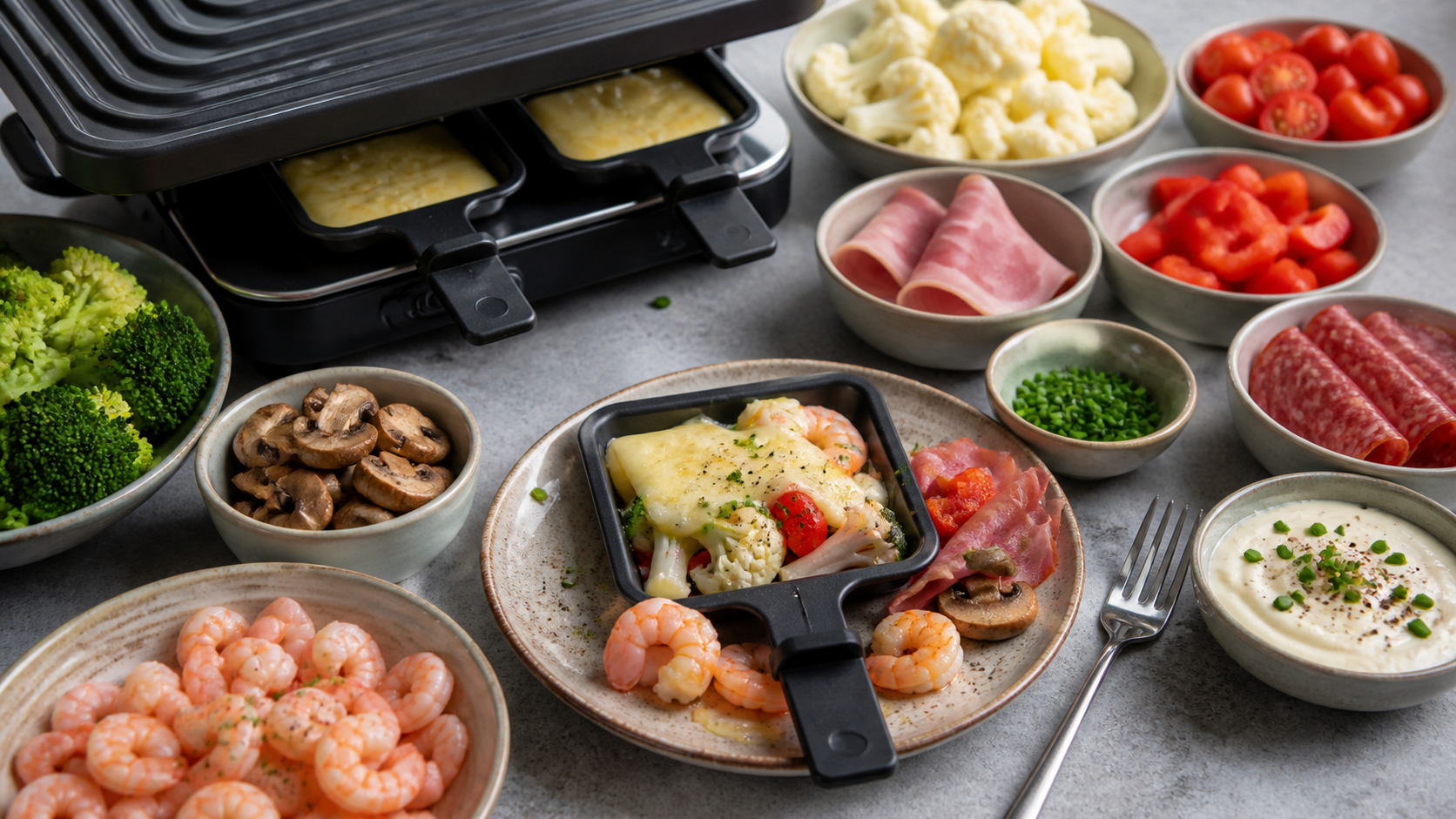 Keto raclette table: a raclette grill with pans full of melted cheese, surrounded by bowls of cauliflower, mushrooms, bell pepper and shrimp
