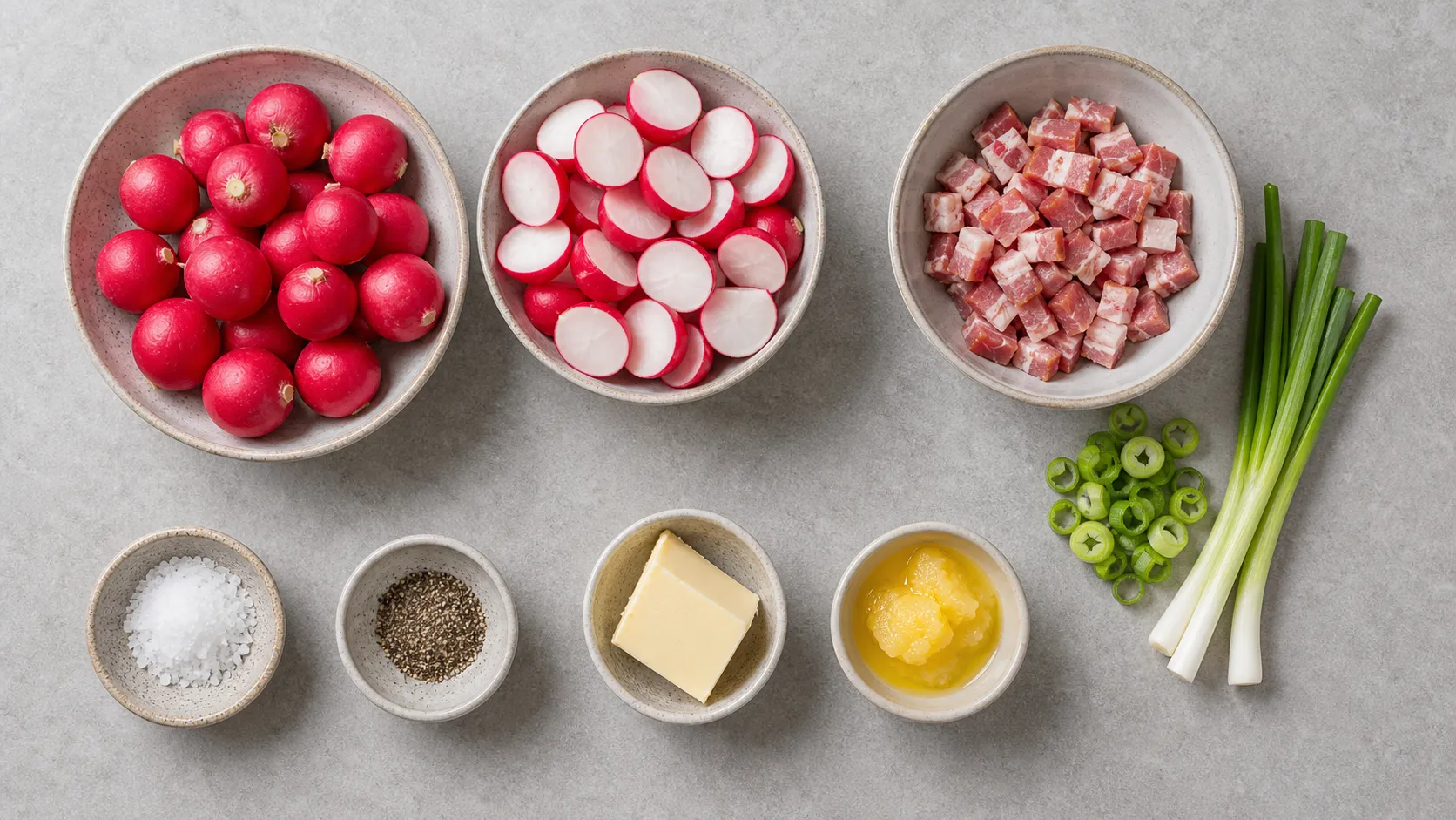 Ingredients for keto fried radishes: radishes, bacon, spring onions, butter, ghee, salt and pepper