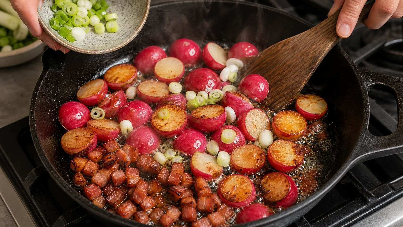 Halved radishes pan-frying with bacon and spring onions in butter until golden brown