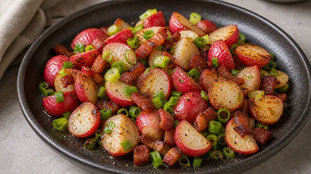 Keto German-style fried potatoes made from pan-fried radishes with bacon, butter and spring onions