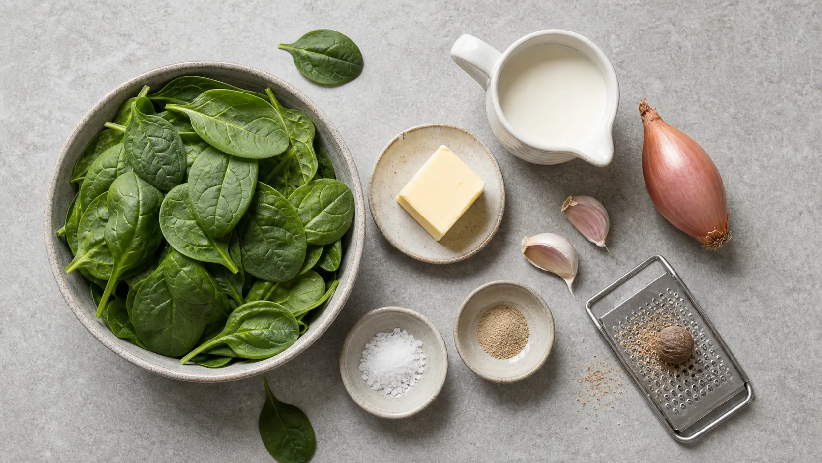 Ingredients for keto creamed spinach: fresh leaf spinach, cream, butter, shallot, garlic, nutmeg, salt, and white pepper