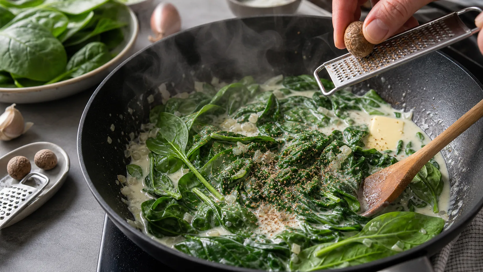 Fresh spinach wilting in a pan with cream, butter, shallot, and garlic