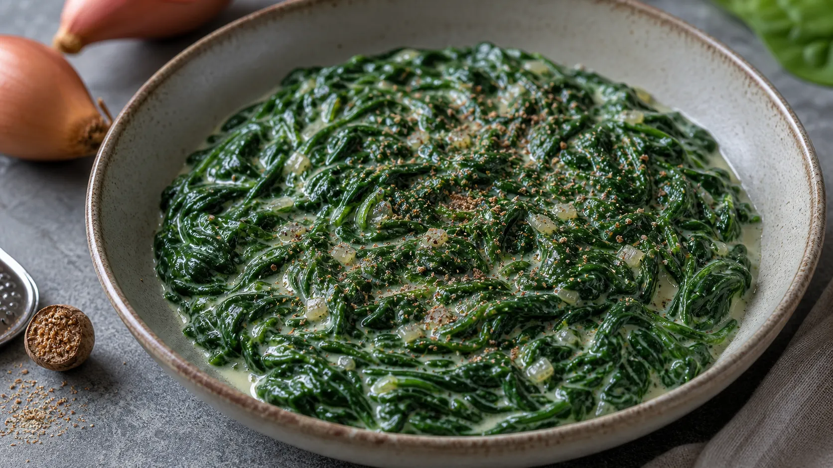 Creamy keto creamed spinach with cream, garlic, and freshly grated nutmeg in a bowl