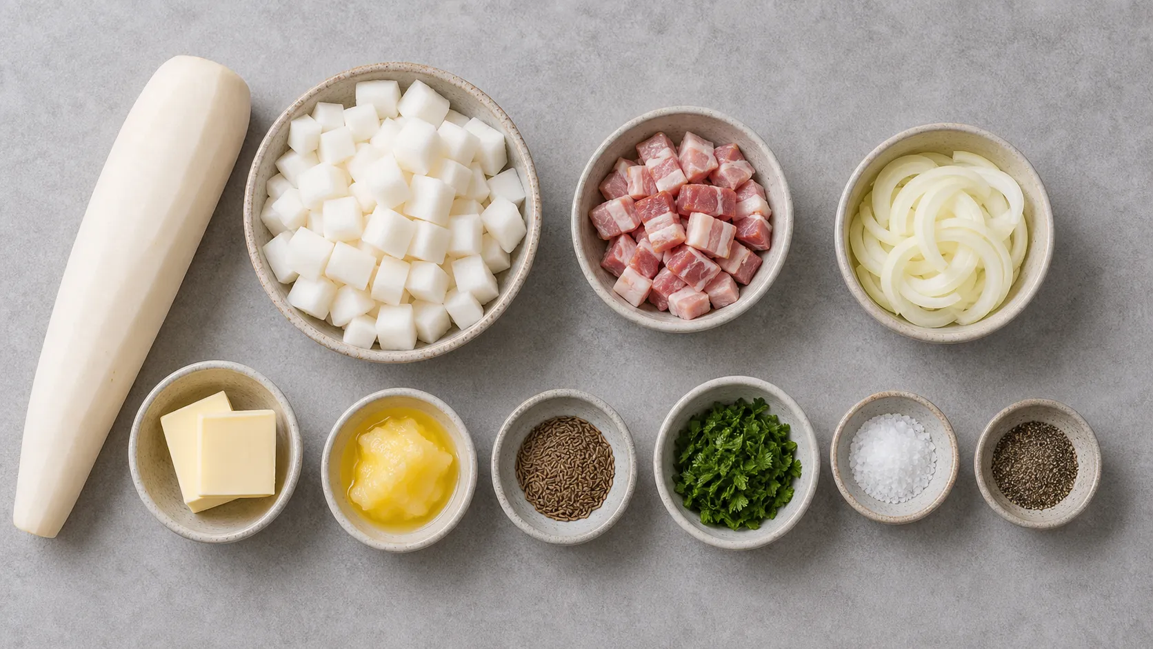 Ingredients for keto daikon Bratkartoffeln: white daikon radish, bacon, onion, butter, caraway and parsley