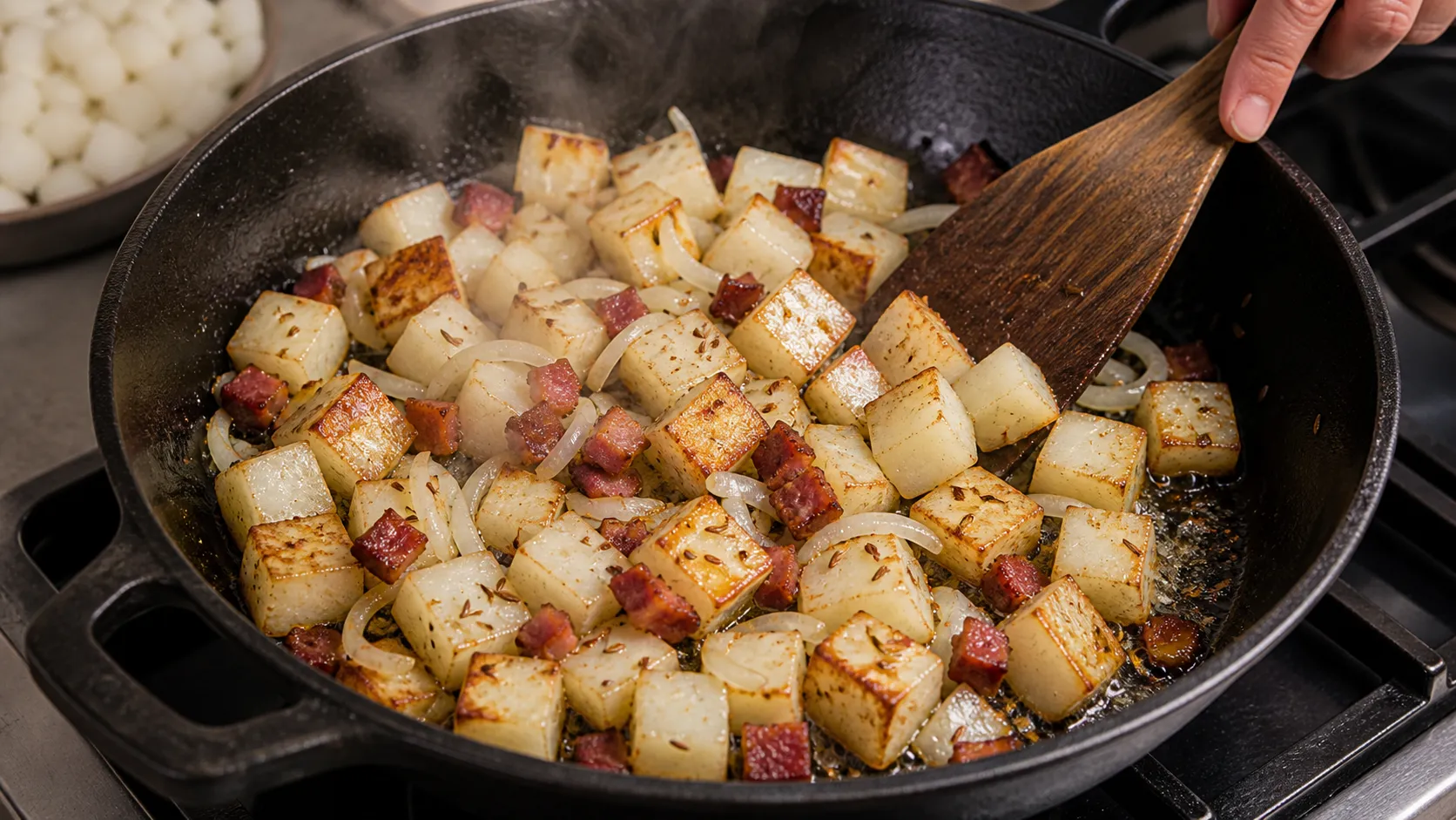 Parboiled daikon cubes frying in a pan with bacon, onions and caraway seeds