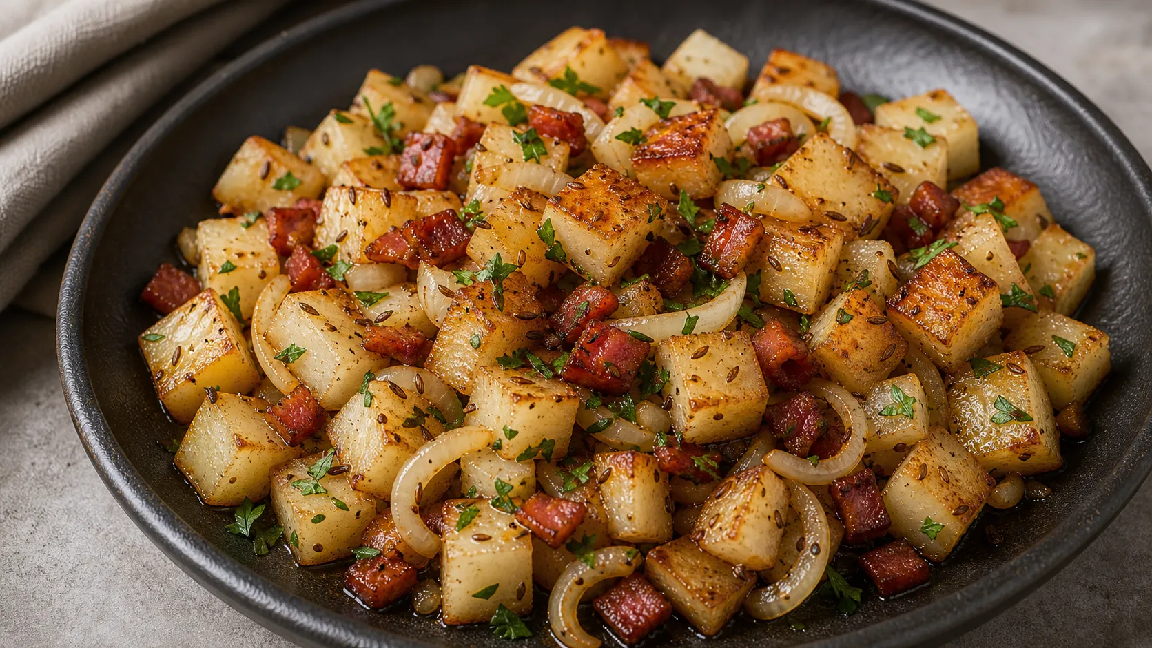 Keto German-style fried daikon with bacon, onions, caraway and parsley, browned to golden in the pan
