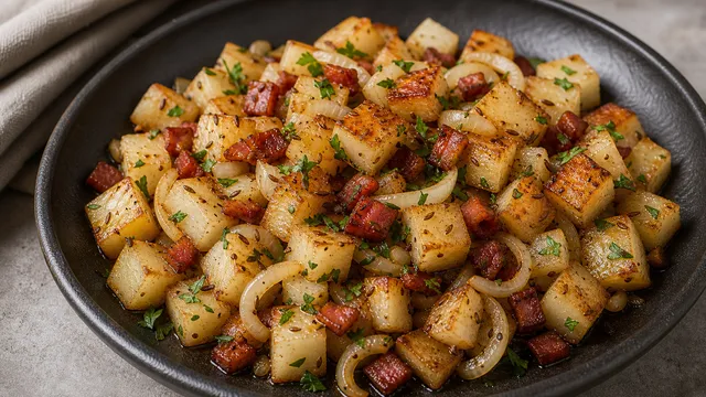 Keto German-style fried daikon with bacon, onions, caraway and parsley, browned to golden in the pan