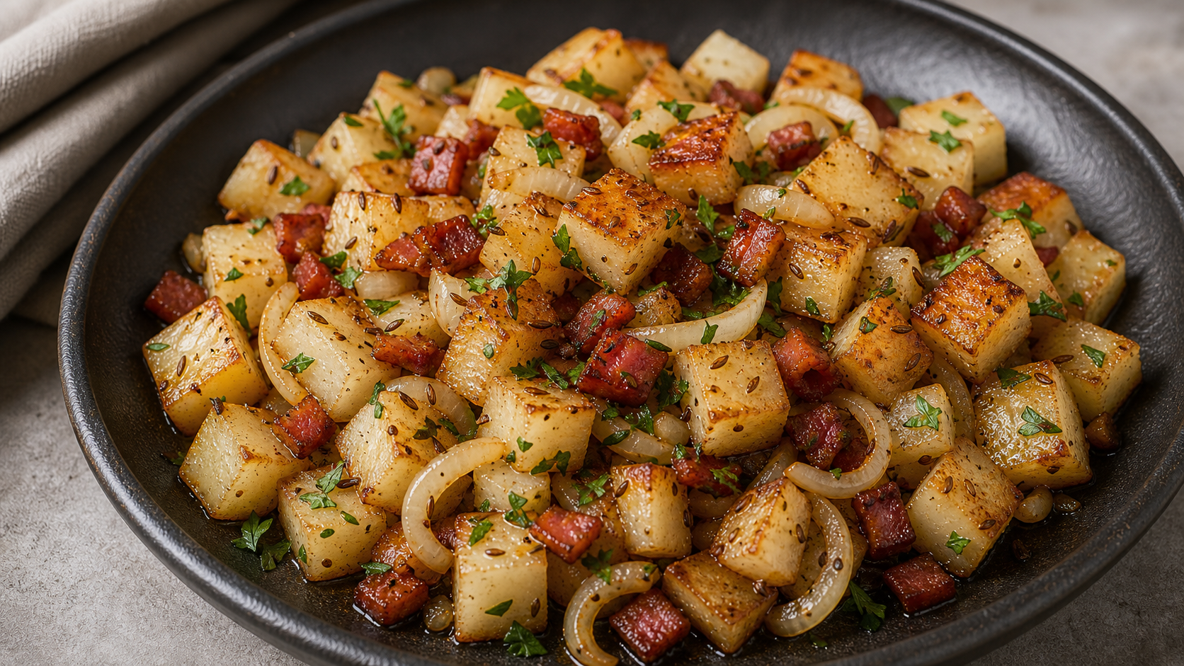 Keto German-style fried daikon with bacon, onions, caraway and parsley, browned to golden in the pan