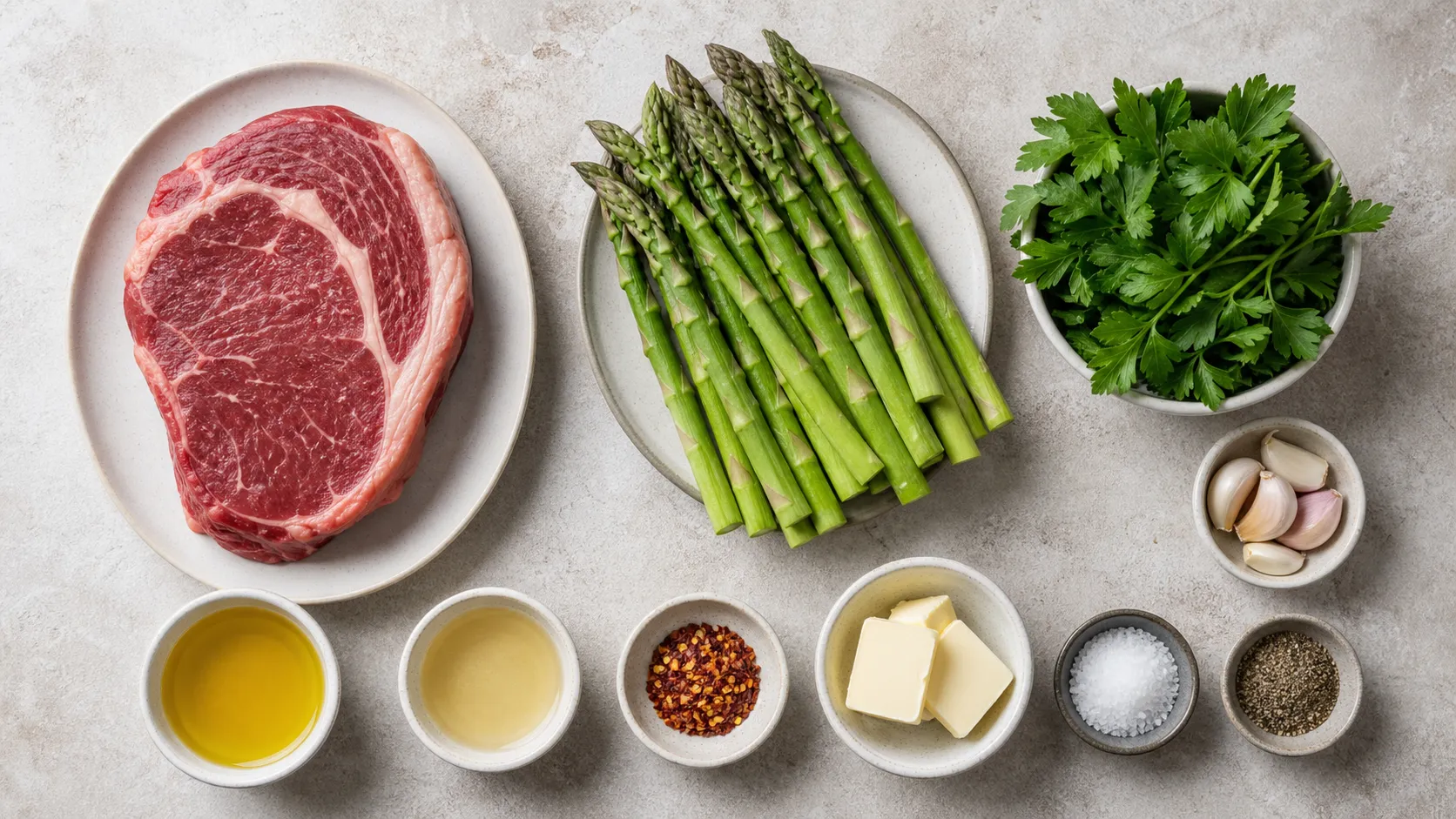 Ingredients for Keto Ribeye Steak with Chimichurri and Asparagus: 57 g Protein in 20 Minutes: 250 g ribeye steak (approx. 3 cm thick), 200 g green asparagus, 30 g flat-leaf parsley (fresh), 3 garlic cloves, 40 ml extra virgin olive oil, 15 ml white wine vinegar