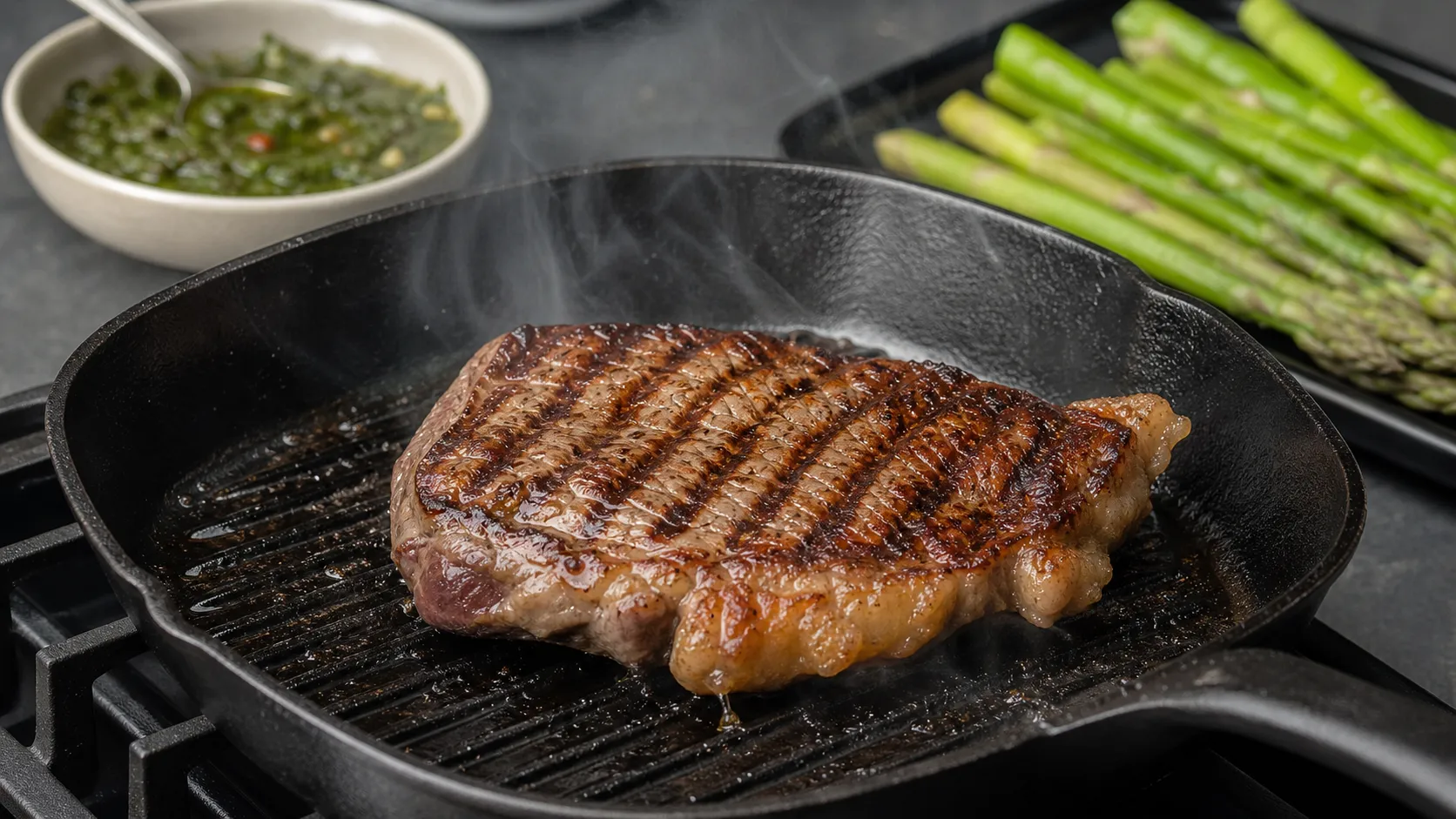 Preparation step for Keto Ribeye Steak with Chimichurri and Asparagus: 57 g Protein in 20 Minutes: Prepare the chimichurri: finely chop the parsley (30 g), finely chop or press 2 garlic cloves. Combine with olive oil (40 ml), vinegar (15 ml), chili flakes (1 tsp), salt and pepper. Let sit for at least 10 minutes.