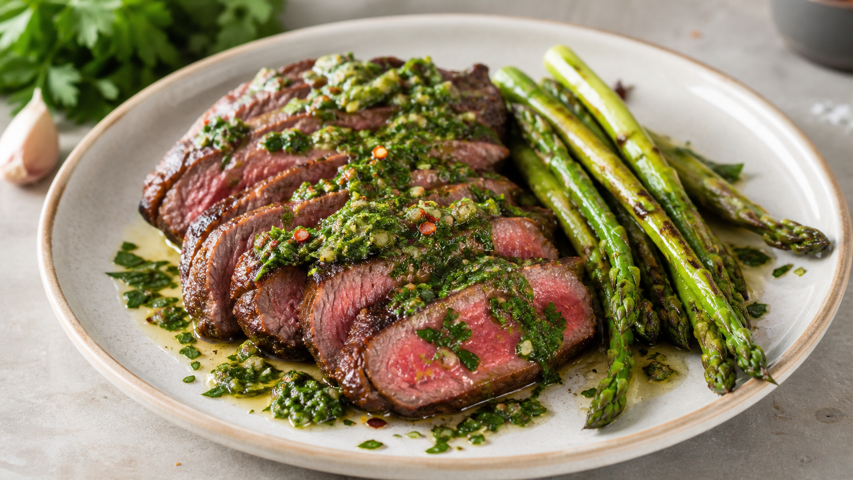 Keto ribeye steak with chimichurri sauce and grilled green asparagus on a wooden board